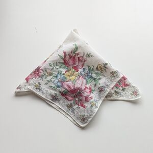 Vintage Floral Cotton Handkerchief with Pink, Green, Yellow, Blue Lillies